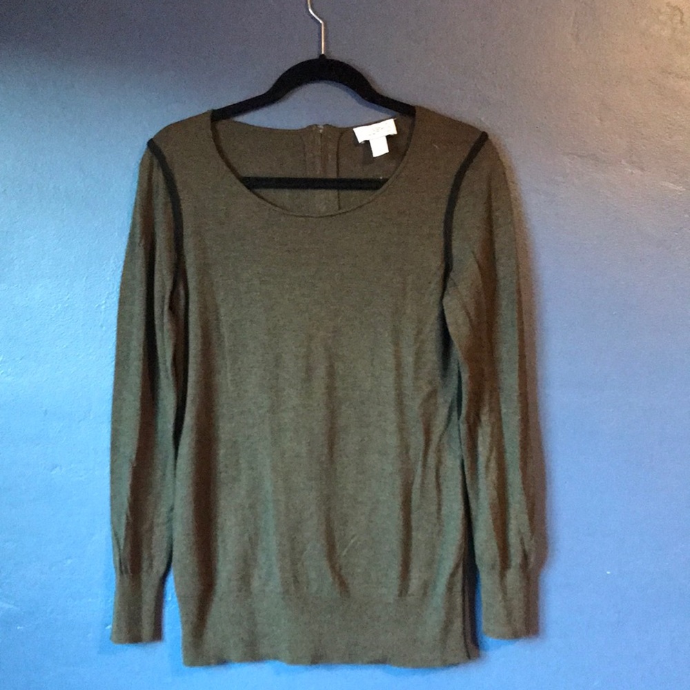 Loft long sweater with black trim and zipper accents.